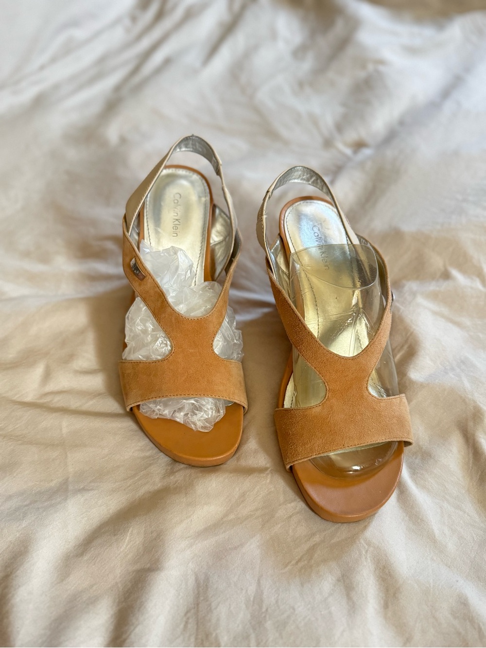 Calvin Klein Tan Suede Open-Toe Slingback Sandals